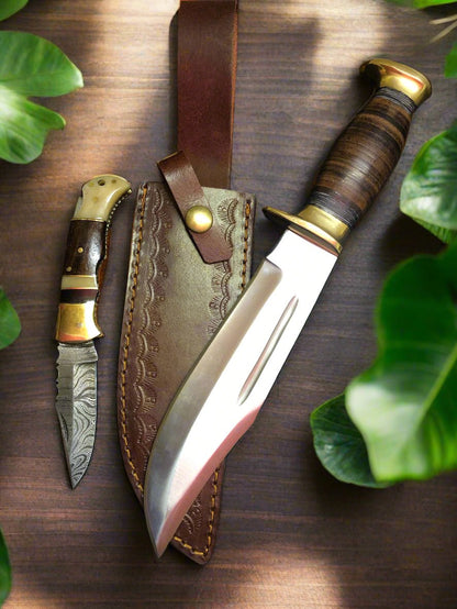 KBS Knives Outback Dual Edge Set – 16" D2 Forged Steel Bowie Knife & Damascus Folding Pocket Knife with Leather Sheath