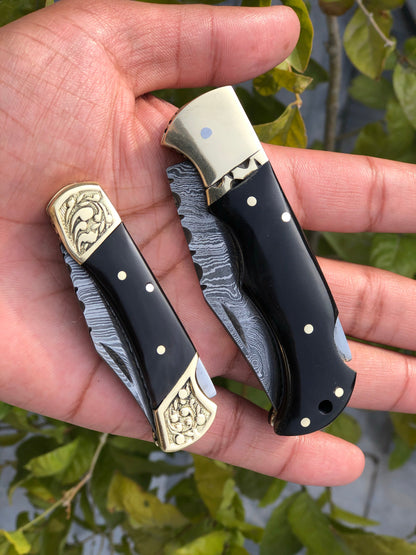 KBS Knives Pair of Custom Handmade Damascus Steel EDC Folding Pocket Knives with Leather Case by KBS Knives Store.