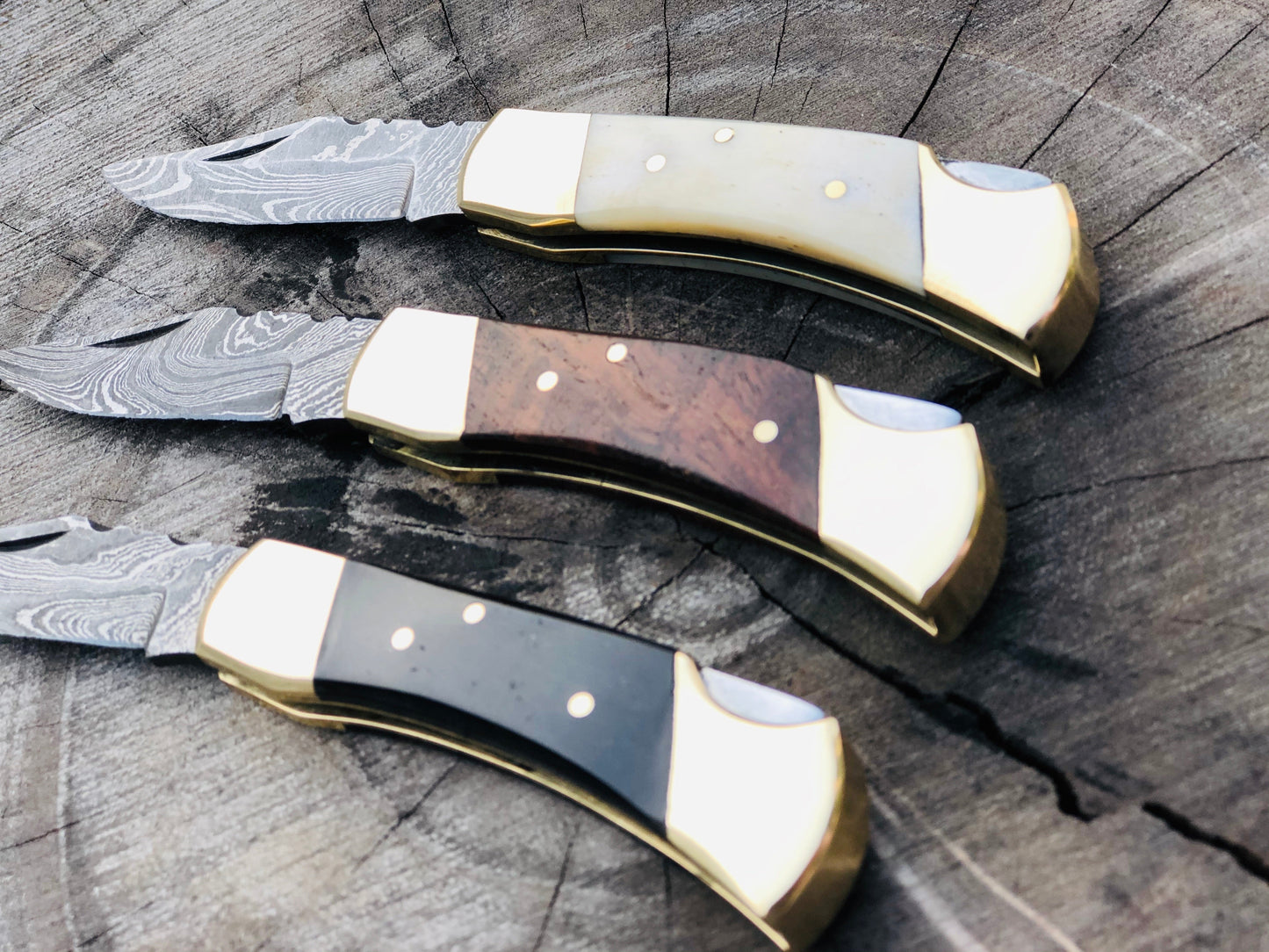 KBS Knives Deal Of 3 Premium Damascus Steel Folding Pocket Knife Set - Exquisite Utility Knives with Buffalo Horn,Bone and Rosewood Handles