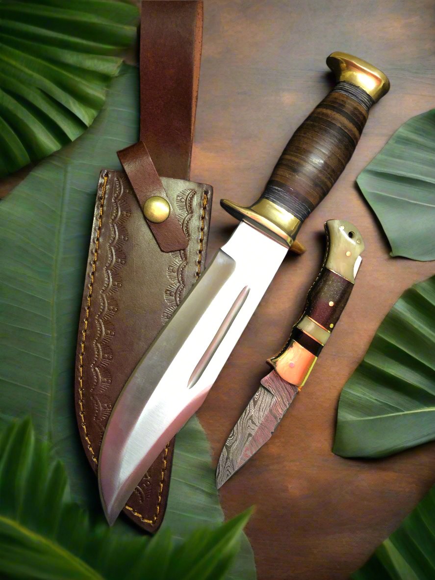 KBS Knives Outback Dual Edge Set – 16" D2 Forged Steel Bowie Knife & Damascus Folding Pocket Knife with Leather Sheath