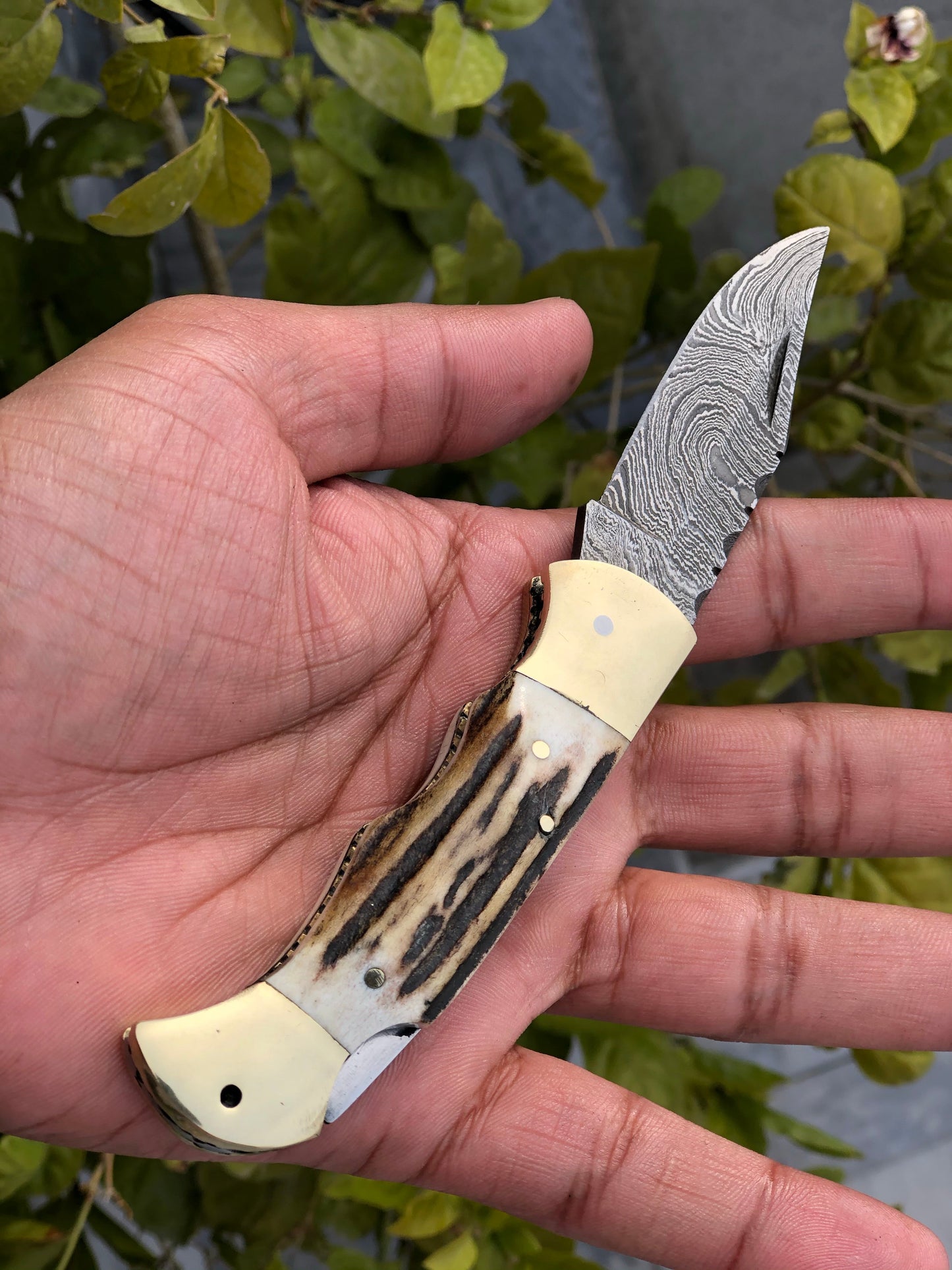 KBS Knives Custom Handmade Damascus Steel Folding Pocket Knife with Antler Horn and Brass Bolsters Handle and Leather Case - For Sale by KBS Knives Store