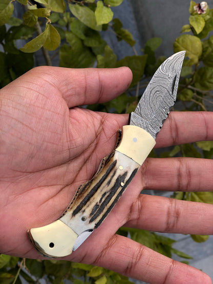 KBS Knives Custom Handmade Damascus Steel Folding Pocket Knife with Antler Horn and Brass Bolsters Handle and Leather Case - For Sale by KBS Knives Store