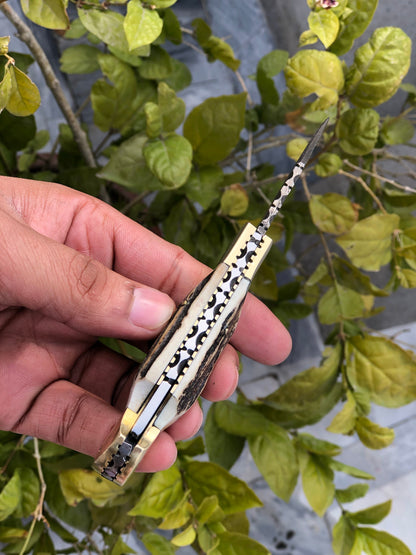 KBS Knives Custom Handmade Damascus Steel Folding Pocket Knife with Antler Horn and Brass Bolsters Handle and Leather Case - For Sale by KBS Knives Store