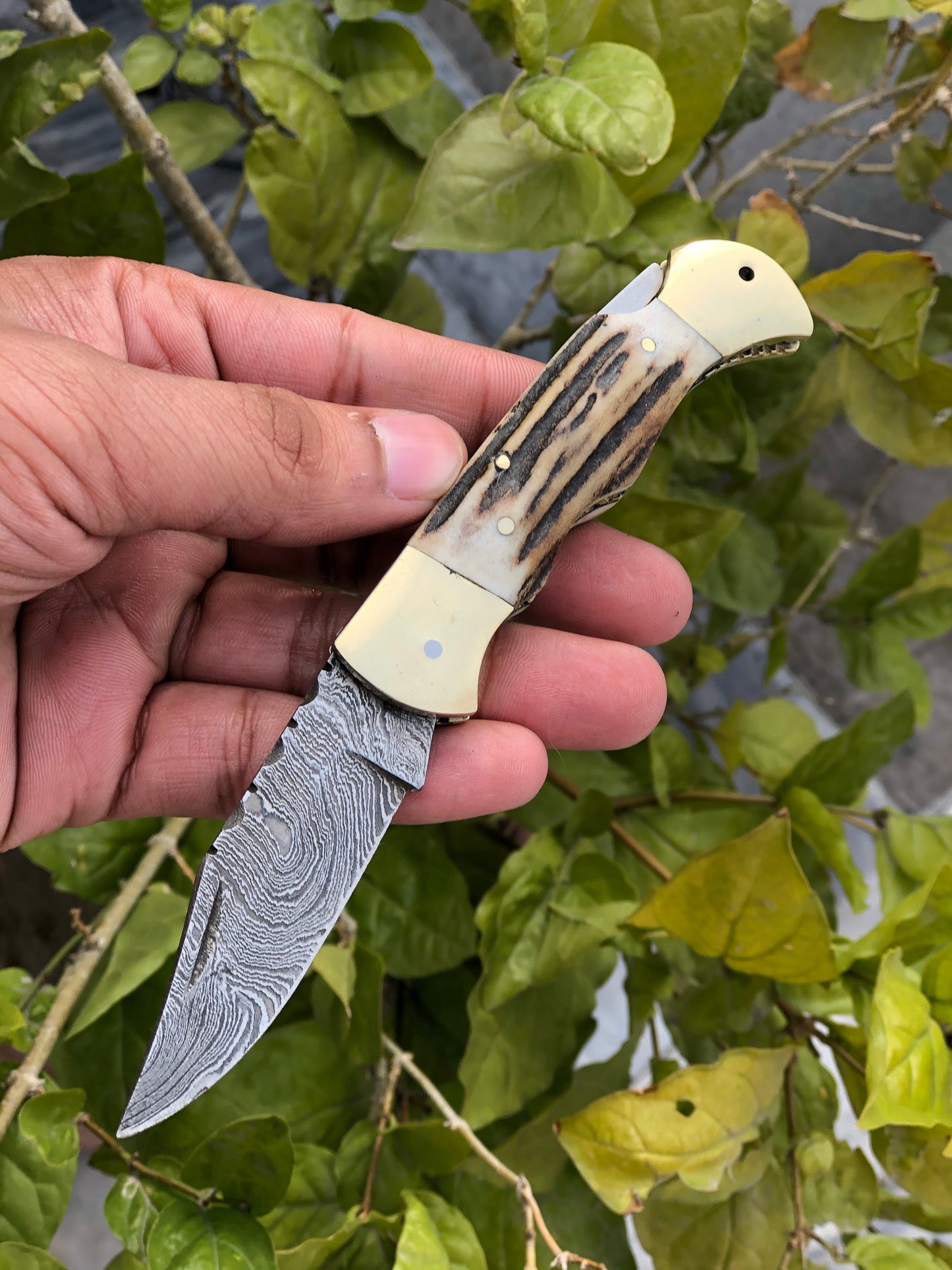 KBS Knives Custom Handmade Damascus Steel Folding Pocket Knife with Antler Horn and Brass Bolsters Handle and Leather Case - For Sale by KBS Knives Store