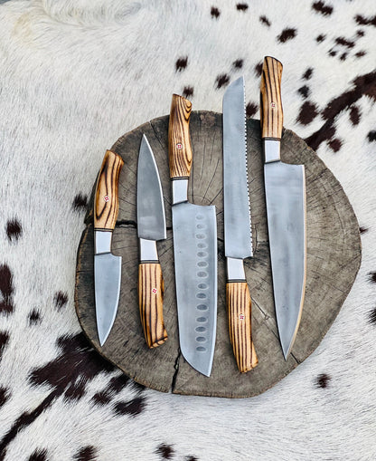 KBS Knives 5 Piece Custom Handmade Acid Washed Stainless Steel Kitchen Knives Set with Leather Roll and Burly Wenge Wood Handles" by KBS Knives Store