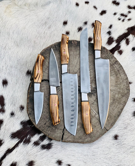 KBS Knives 5 Piece Custom Handmade Acid Washed Stainless Steel Kitchen Knives Set with Leather Roll and Burly Wenge Wood Handles" by KBS Knives Store