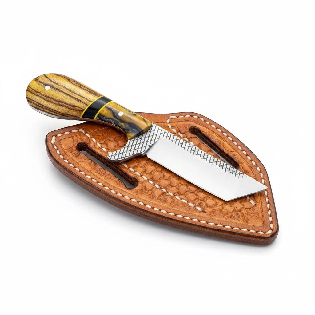 Frontier Cowboy Gear The Iron Maverick – Custom Handmade Rasp Steel Ranch Knife with Olivewood & Black Resin Handle & Leather Sheath