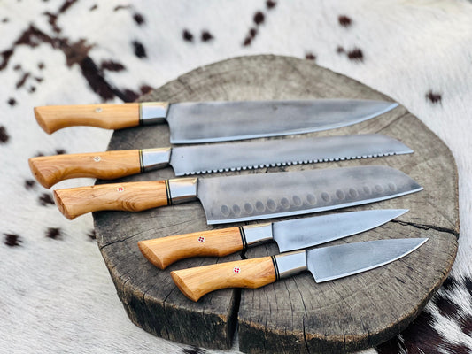 KBS Knives Custom Handmade Acid Washed Stainless Steel Kitchen Knife Set with Olive Wood Handle and Leather Roll - 5 Pieces by KBS Knives Store