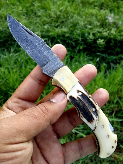 KBS Knives Custom Handmade Damascus Steel Folding Pocket Knife with Antler Horn, Bone, and Brass Bolster Handle and Leather Case