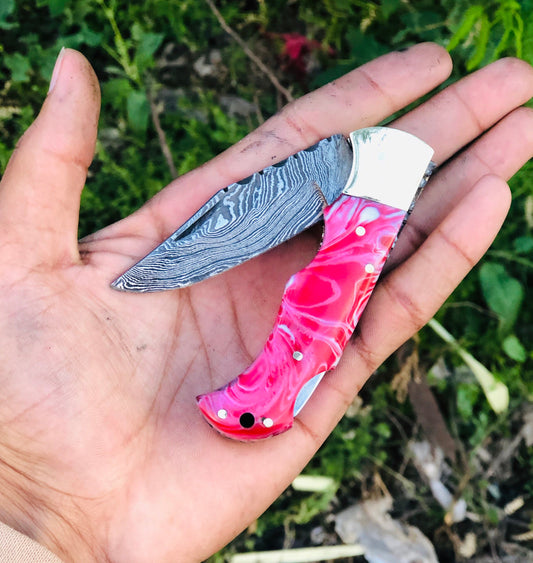 KBS Knives Custom Handmade Damascus Steel Top Best Folding Pocket Knife with Epoxy Resin Handle and Leather Case by KBS Knives Store.