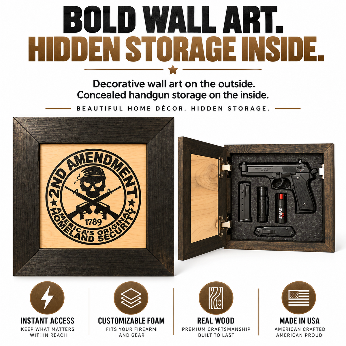 Bellewood Designs - Second Amendment Hidden Gun Safe, 2nd Amendment Skull Concealment Shelf