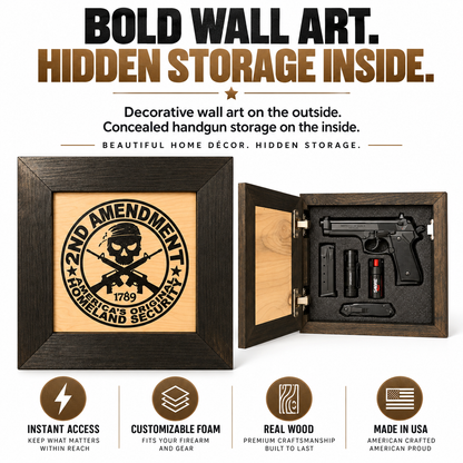 Bellewood Designs - Second Amendment Hidden Gun Safe, 2nd Amendment Skull Concealment Shelf