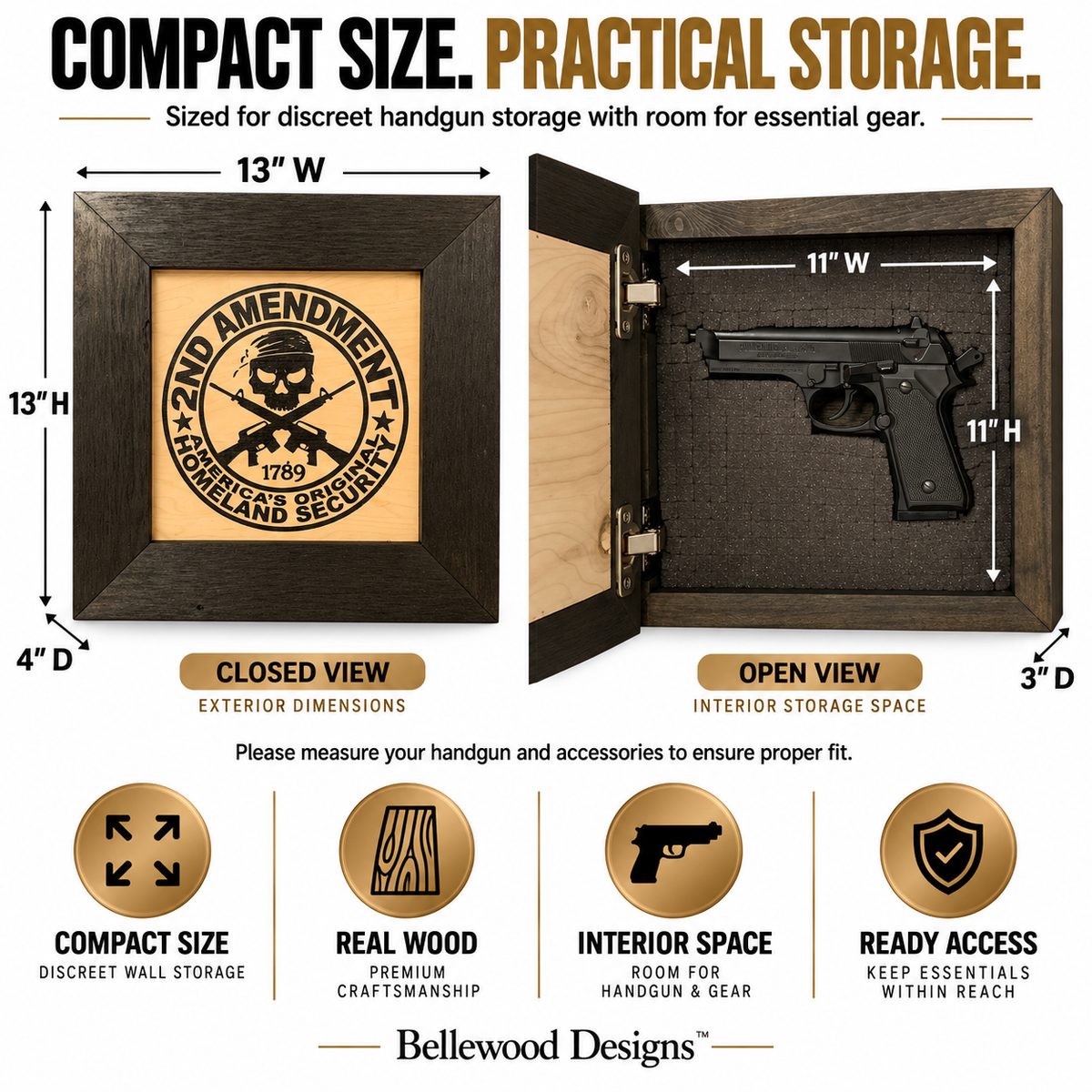 Bellewood Designs - Second Amendment Hidden Gun Safe, 2nd Amendment Skull Concealment Shelf