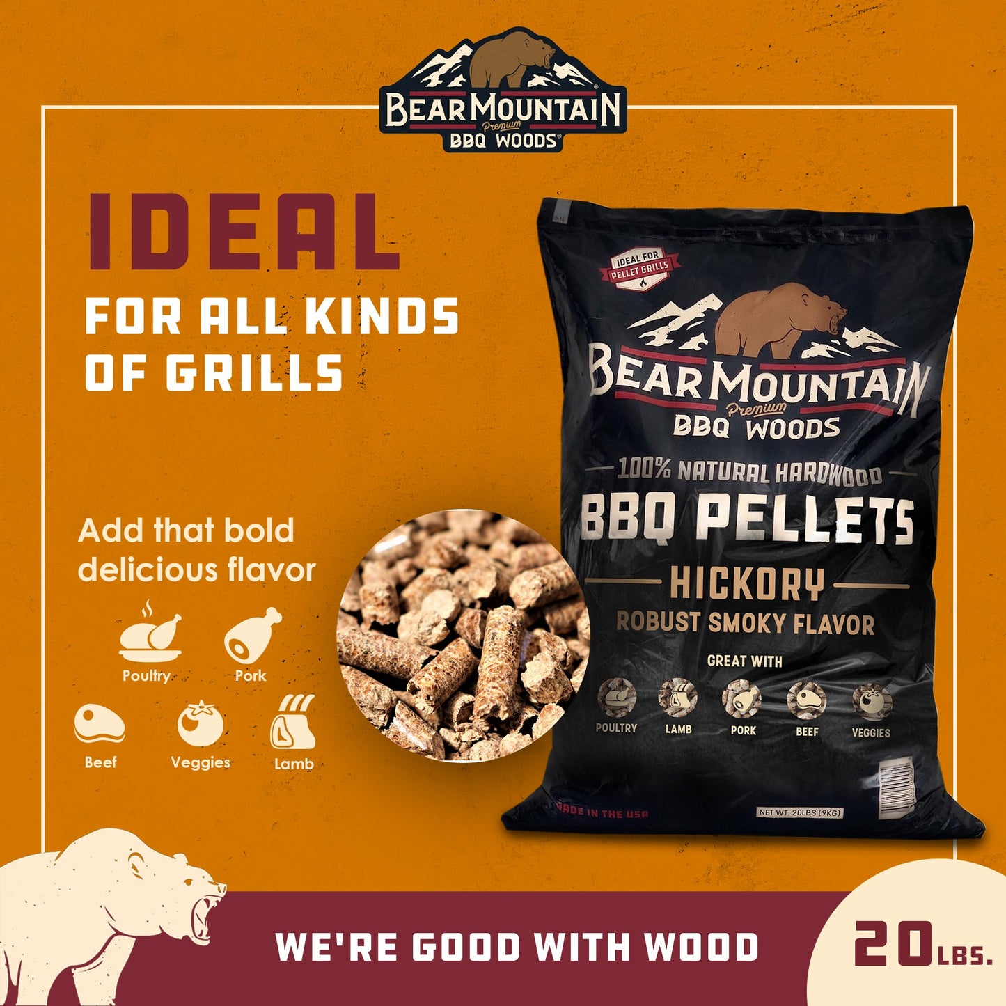 Bear Mountain BBQ Premium All-Natural Hardwood Hickory Smoker Pellets, 20 Pounds