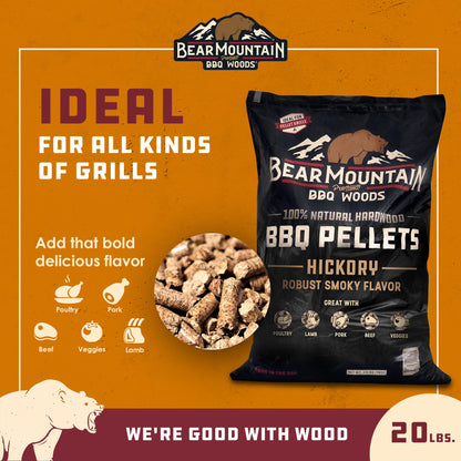 Bear Mountain BBQ Premium All-Natural Hardwood Hickory Smoker Pellets, 20 Pounds