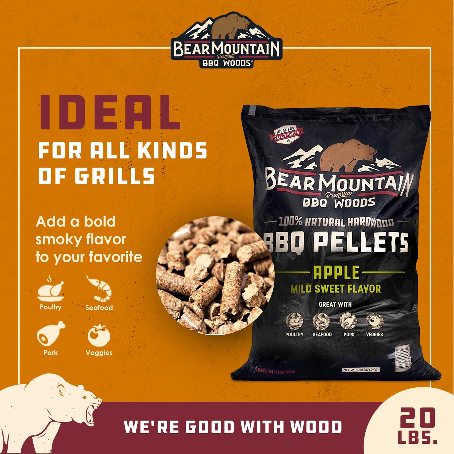 Bear Mountain BBQ Premium All-Natural Hardwood Apple Smoker Pellets, 20 Pounds