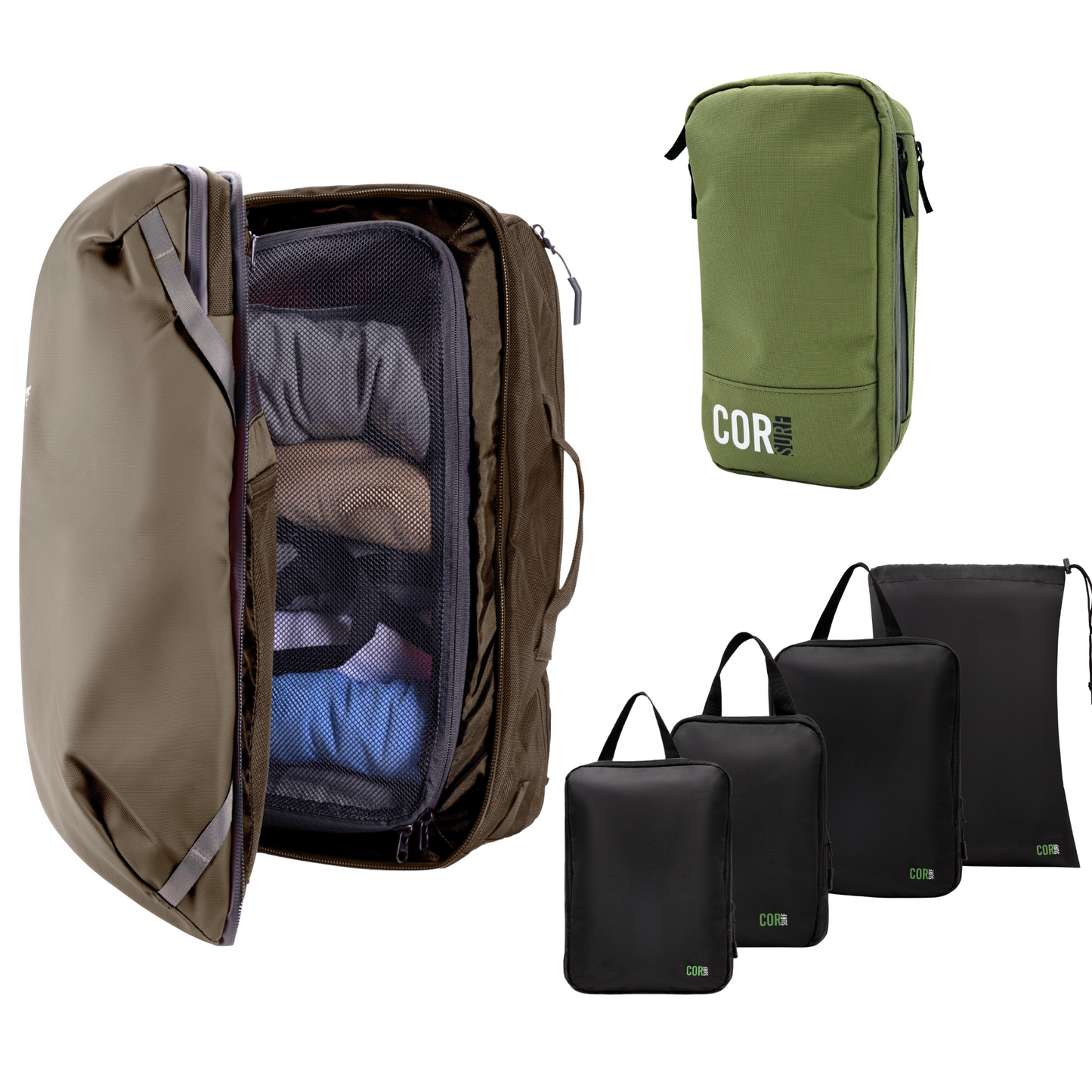 COR Surf Island Hopper Travel Bundle - Backpack + Toiletry Bag + Compression Packing Cubes with YKK