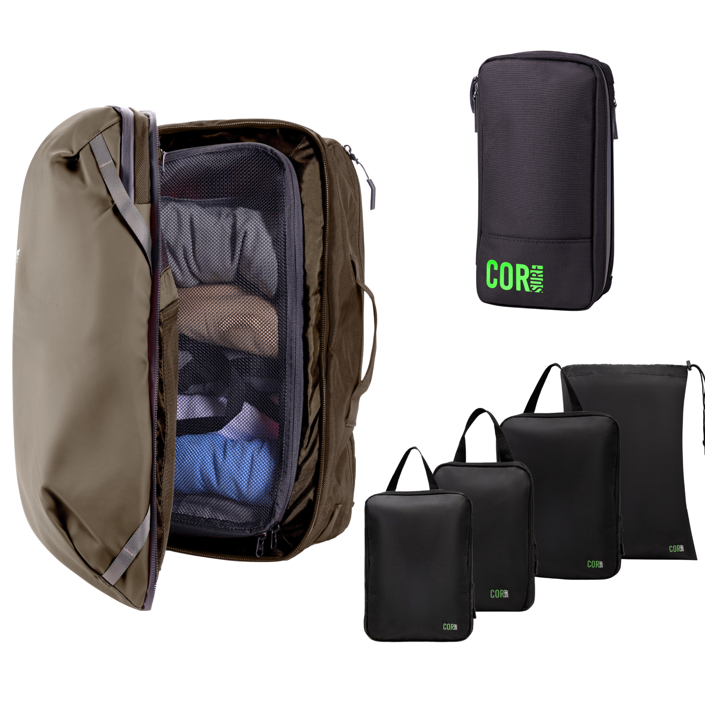 COR Surf Island Hopper Travel Bundle - Backpack + Toiletry Bag + Compression Packing Cubes with YKK