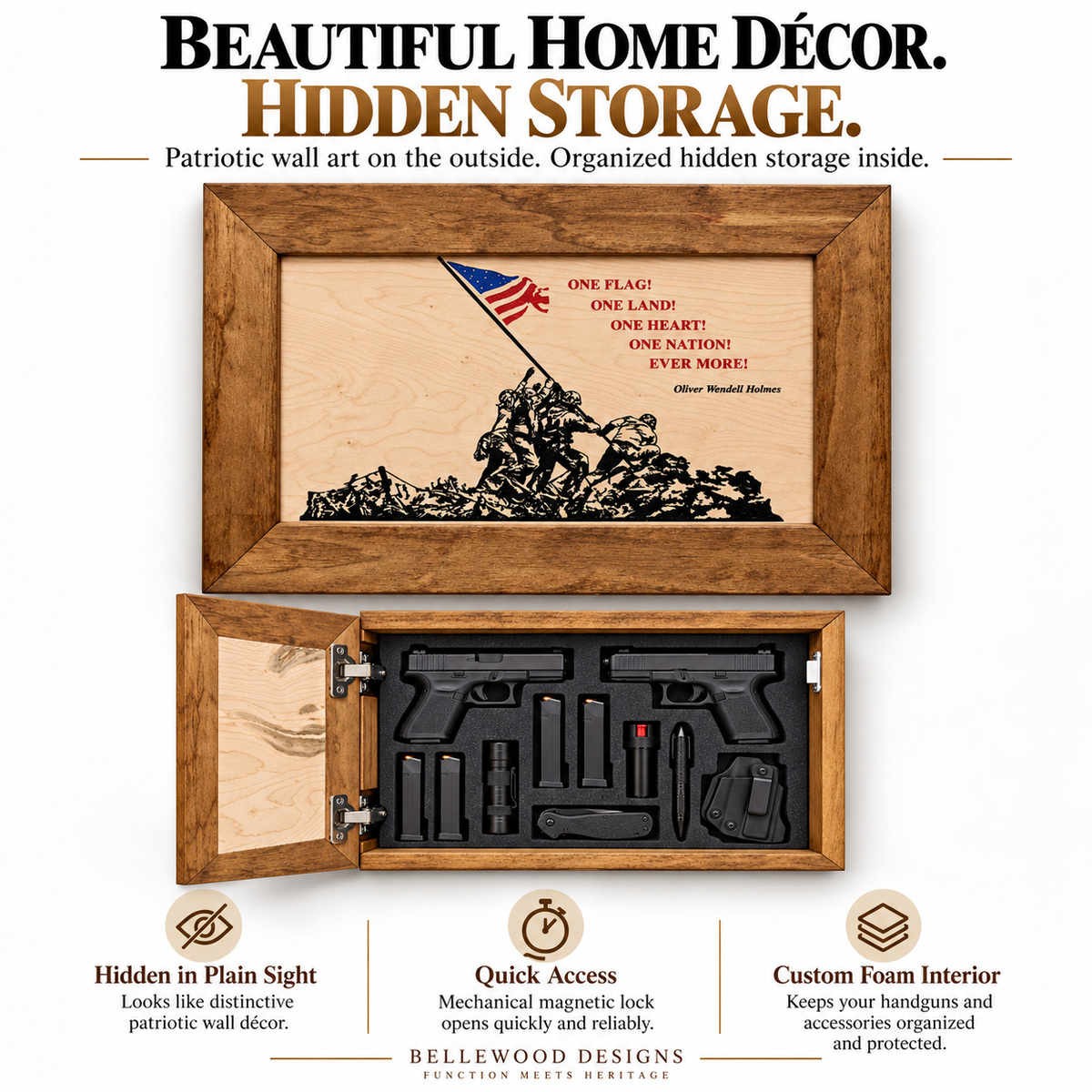 Bellewood Designs - Iwo Jima Flag Raising Decorative Wall-Mounted Secure Gun Cabinet