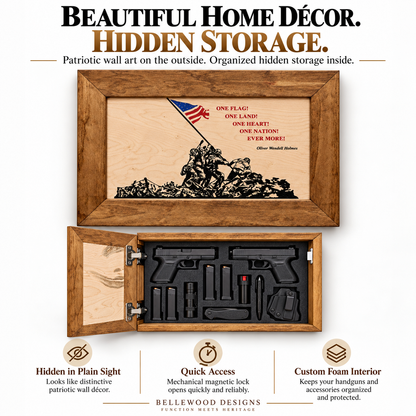 Bellewood Designs - Iwo Jima Flag Raising Decorative Wall-Mounted Secure Gun Cabinet