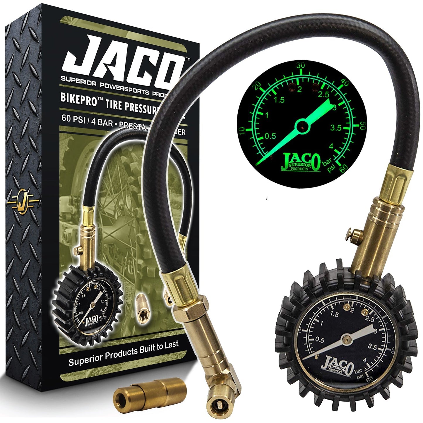 Jaco BikePro™ Presta Tire Pressure Gauge - 60 PSI | Presta & Schrader (Mountain Bikes) - Angler's Pro Tackle & Outdoors