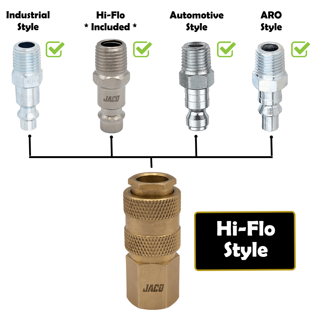 Jaco Hi-Flo Quick Connect Air Fittings | Plug & Coupler Kit - 1/4" NPT (Set of 12) - Angler's Pro Tackle & Outdoors