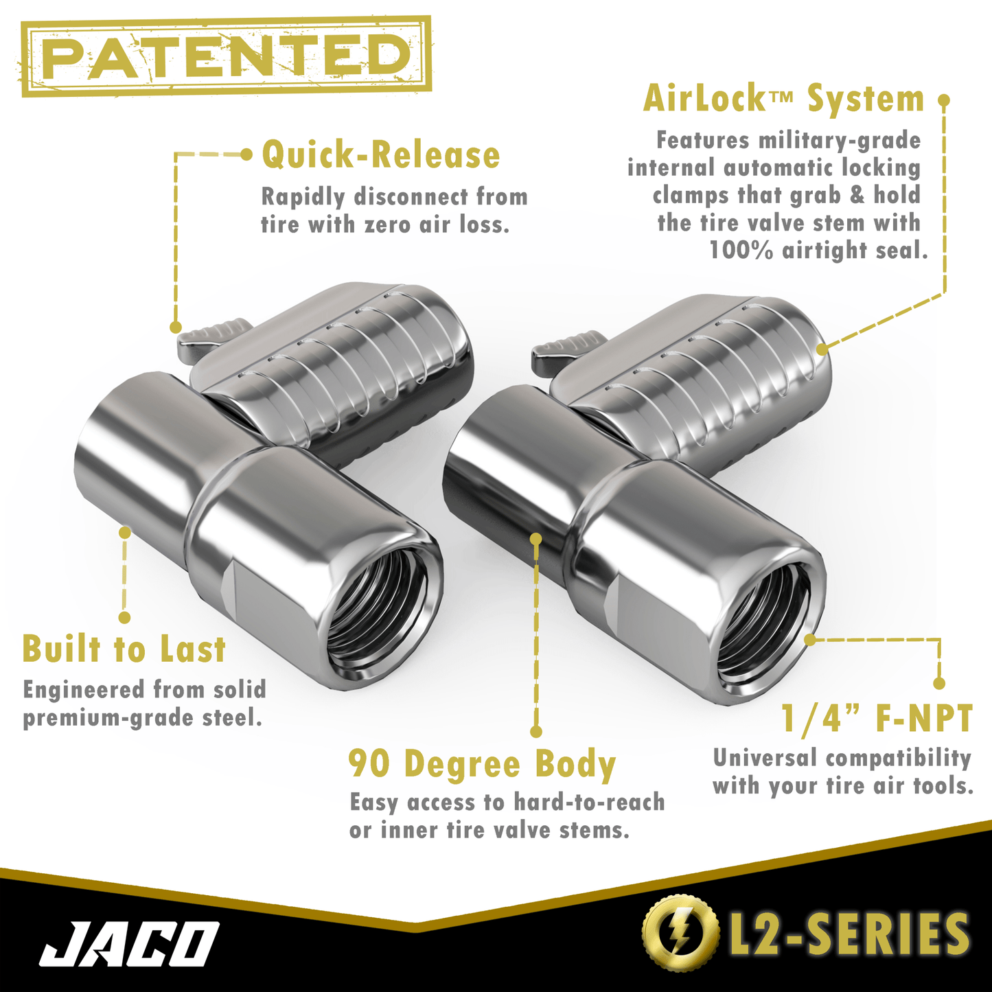 Jaco Lightning™ L2-Series Tire Air Chuck | Open Flow, 1/4" F-NPT (2 Pack) - Angler's Pro Tackle & Outdoors