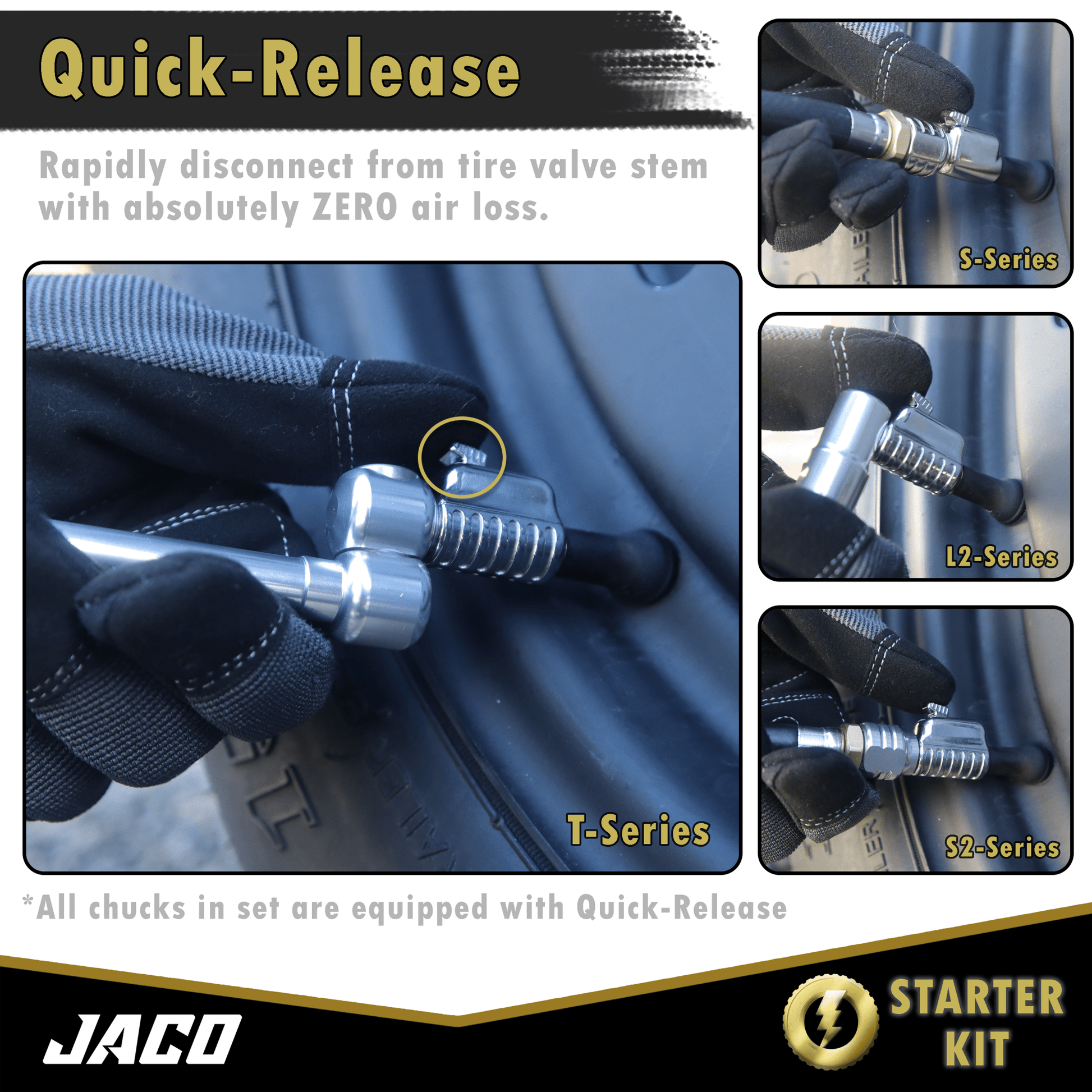 Jaco Lightning™ Tire Air Chuck Starter Kit - Patented | Open Flow, 1/4" F-NPT (Set of 7) - Angler's Pro Tackle & Outdoors