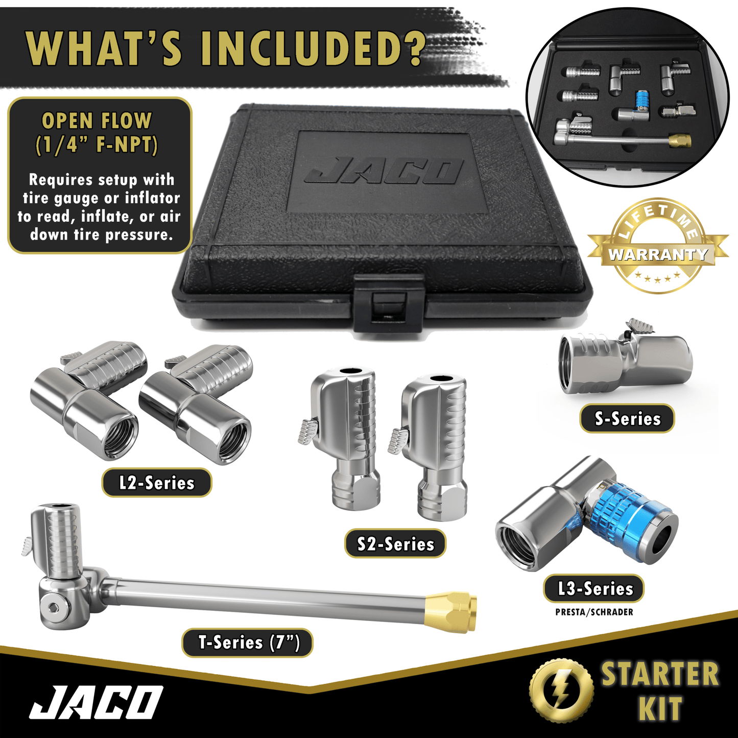 Jaco Lightning™ Tire Air Chuck Starter Kit - Patented | Open Flow, 1/4" F-NPT (Set of 7) - Angler's Pro Tackle & Outdoors