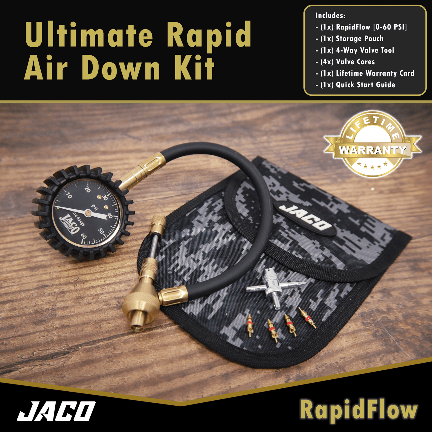 Jaco RapidFlow™ Tire Deflator Gauge (0-60 PSI) | Rapid Off-Road Air Down Kit - Angler's Pro Tackle & Outdoors