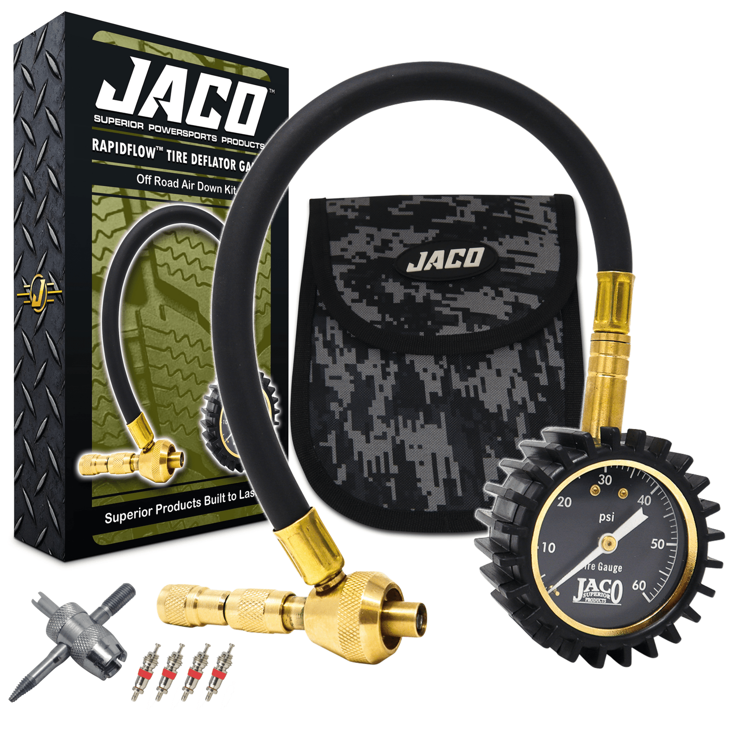 Jaco RapidFlow™ Tire Deflator Gauge (0-60 PSI) | Rapid Off-Road Air Down Kit - Angler's Pro Tackle & Outdoors