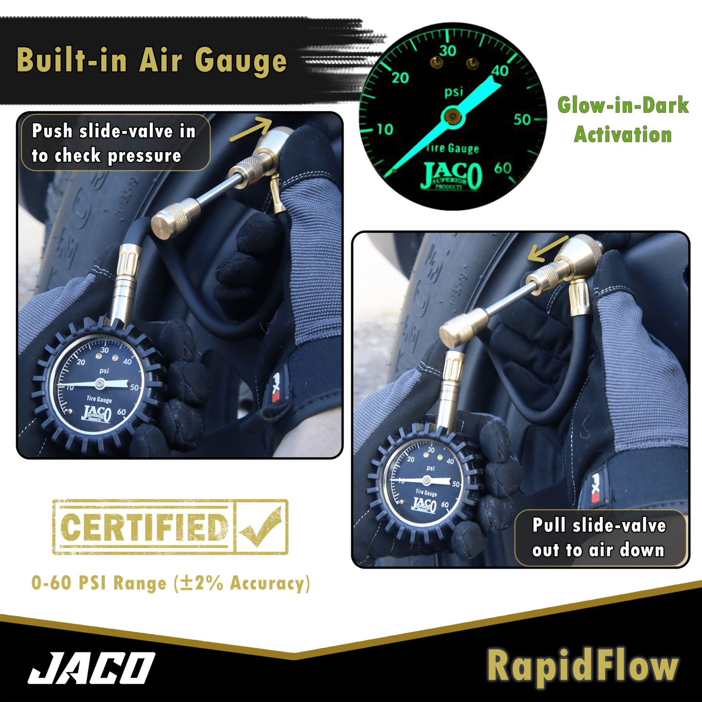 Jaco RapidFlow™ Tire Deflator Gauge (0-60 PSI) | Rapid Off-Road Air Down Kit - Angler's Pro Tackle & Outdoors