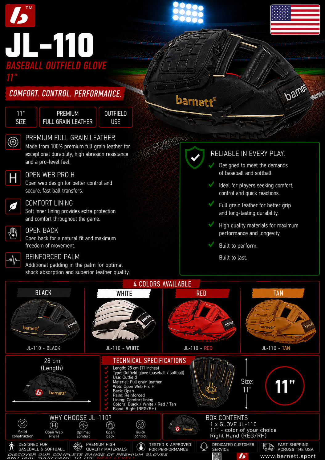 Barnett JL-110 Composite baseball glove, Infield, Size 11, Black