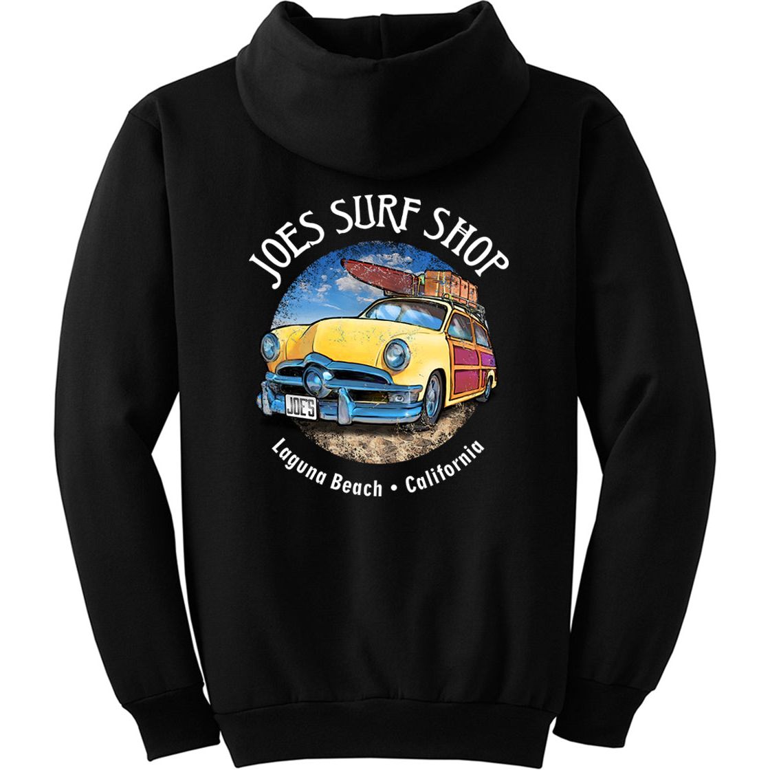 Joe's Surf Shop Yellow Woody with Surfboards Pullover Surf Hoodie - Angler's Pro Tackle & Outdoors