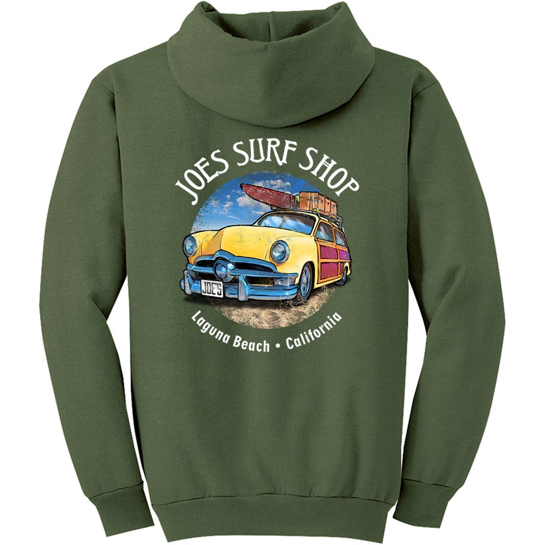 Joe's Surf Shop Yellow Woody with Surfboards Pullover Surf Hoodie - Angler's Pro Tackle & Outdoors