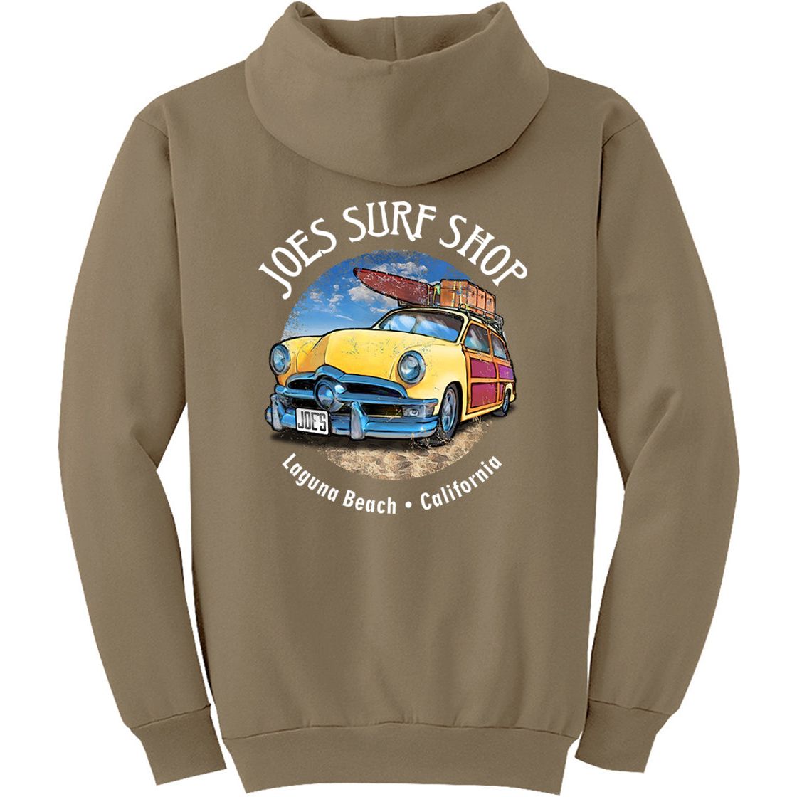 Joe's Surf Shop Yellow Woody with Surfboards Pullover Surf Hoodie - Angler's Pro Tackle & Outdoors