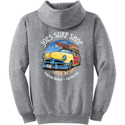 Joe's Surf Shop Yellow Woody with Surfboards Pullover Surf Hoodie - Angler's Pro Tackle & Outdoors