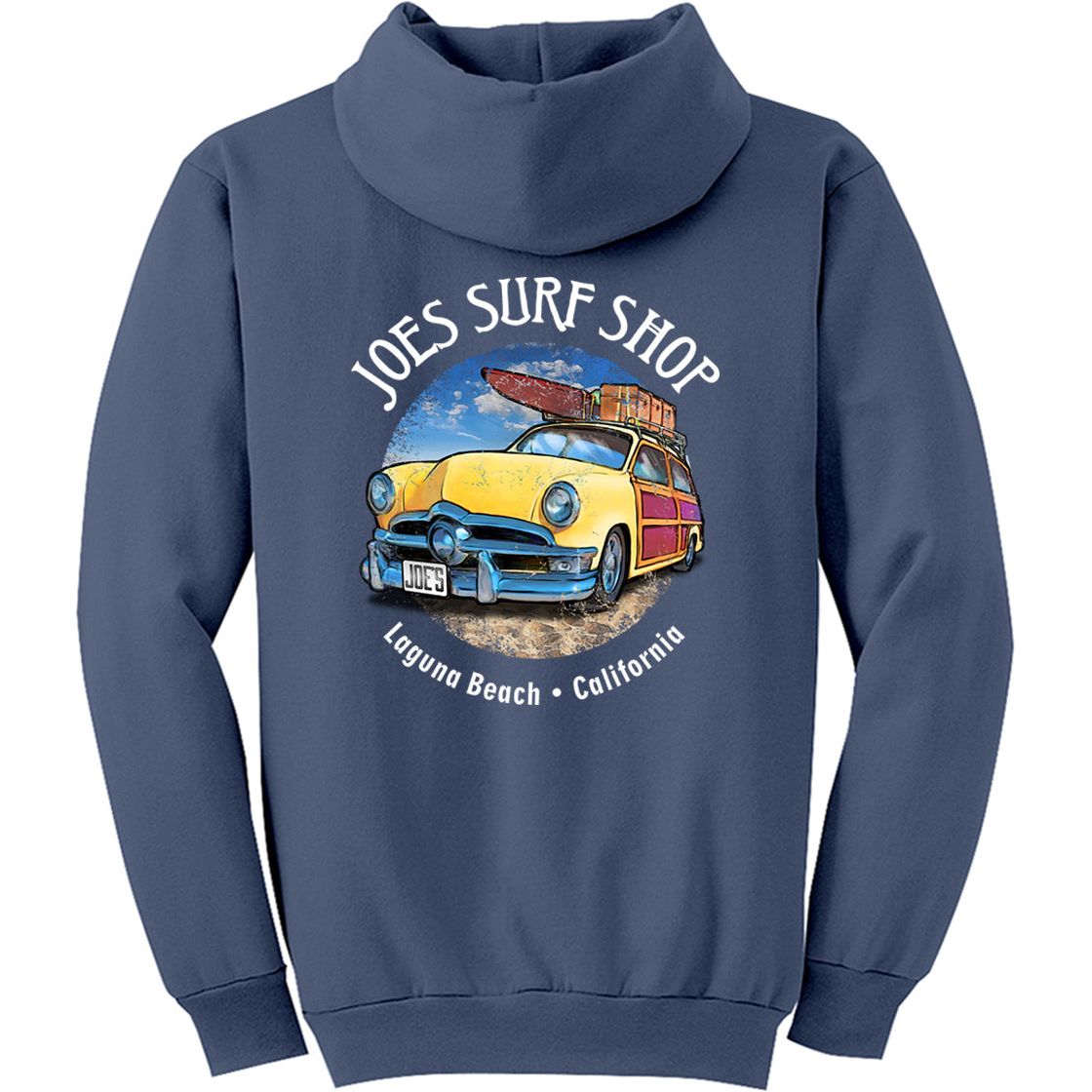 Joe's Surf Shop Yellow Woody with Surfboards Pullover Surf Hoodie - Angler's Pro Tackle & Outdoors