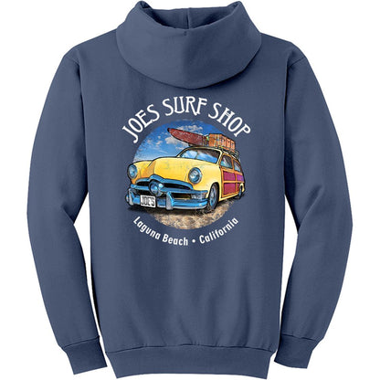 Joe's Surf Shop Yellow Woody with Surfboards Pullover Surf Hoodie - Angler's Pro Tackle & Outdoors