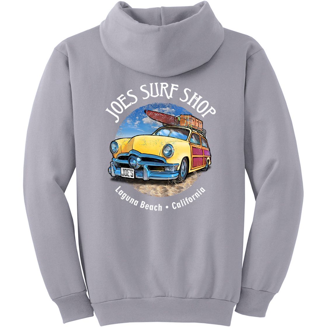 Joe's Surf Shop Yellow Woody with Surfboards Pullover Surf Hoodie - Angler's Pro Tackle & Outdoors