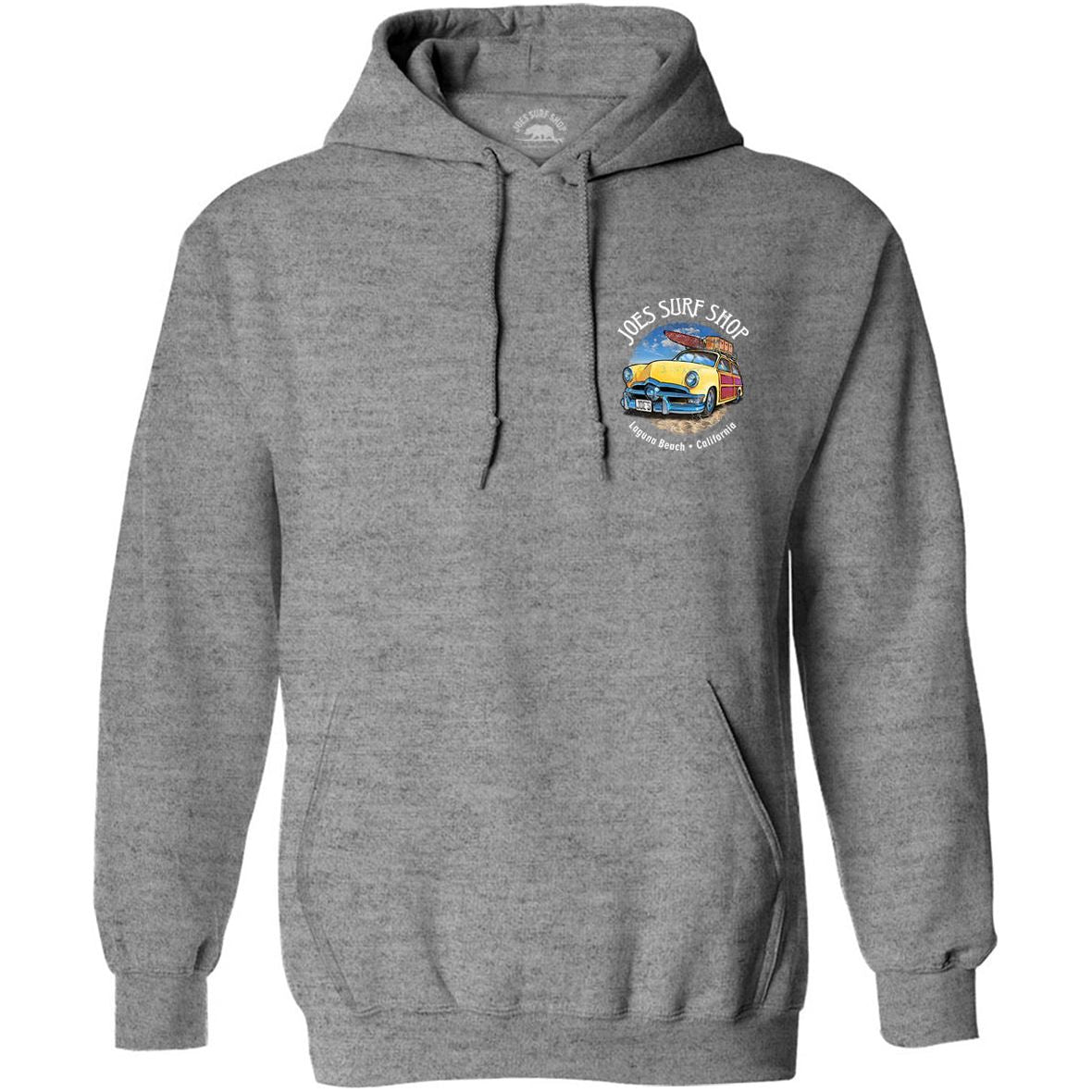 Joe's Surf Shop Yellow Woody with Surfboards Pullover Surf Hoodie - Angler's Pro Tackle & Outdoors