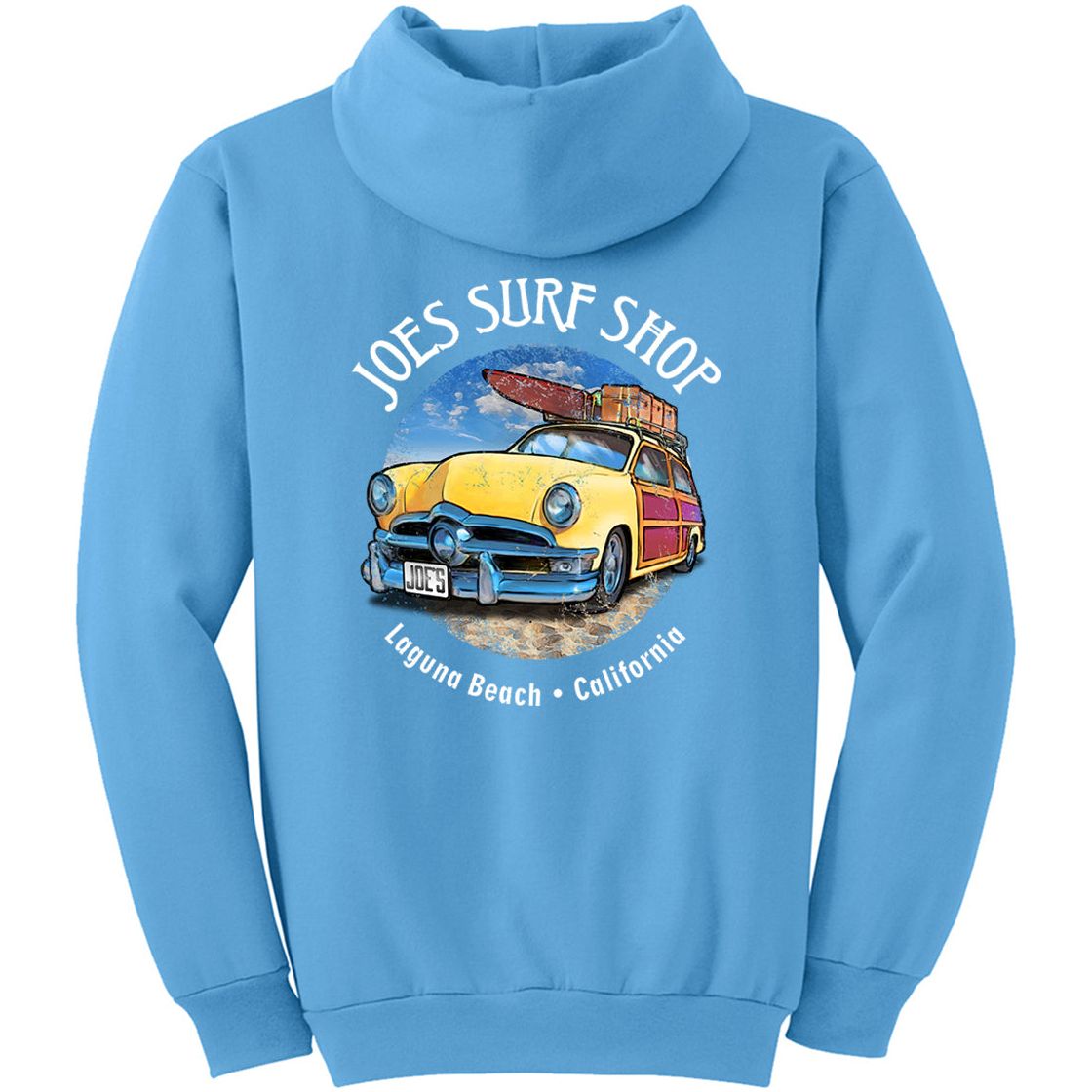 Joe's Surf Shop Yellow Woody with Surfboards Pullover Surf Hoodie - Angler's Pro Tackle & Outdoors