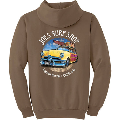 Joe's Surf Shop Yellow Woody with Surfboards Pullover Surf Hoodie - Angler's Pro Tackle & Outdoors