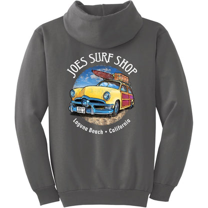 Joe's Surf Shop Yellow Woody with Surfboards Pullover Surf Hoodie - Angler's Pro Tackle & Outdoors