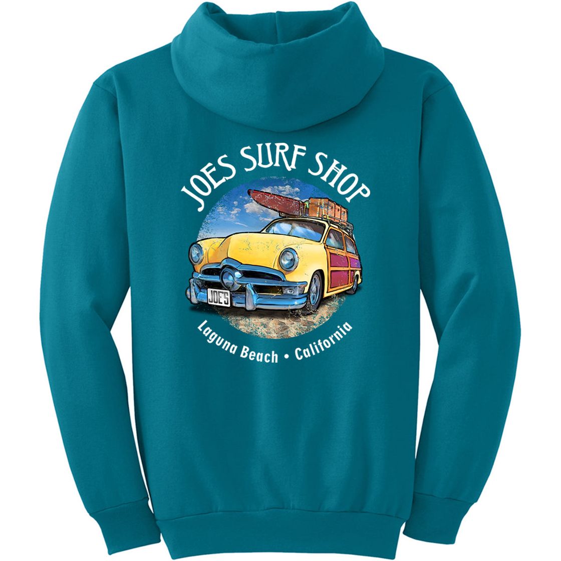 Joe's Surf Shop Yellow Woody with Surfboards Pullover Surf Hoodie - Angler's Pro Tackle & Outdoors