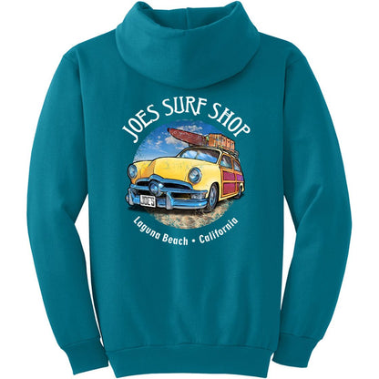 Joe's Surf Shop Yellow Woody with Surfboards Pullover Surf Hoodie - Angler's Pro Tackle & Outdoors