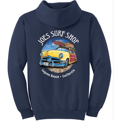 Joe's Surf Shop Yellow Woody with Surfboards Pullover Surf Hoodie - Angler's Pro Tackle & Outdoors