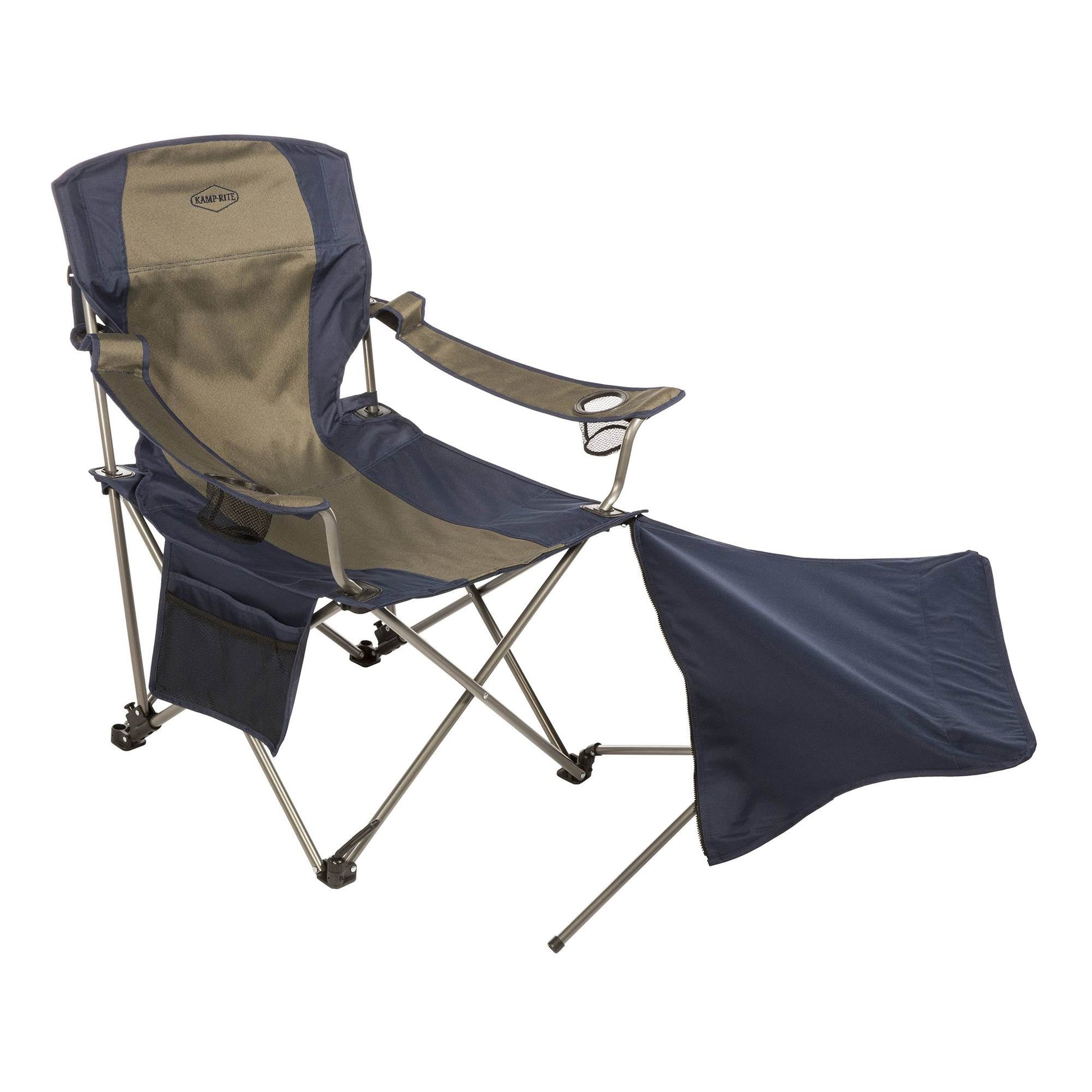 Kamp Rite Folding Camp Chair w/ 2 Cupholders and Detachable Footrest, Navy/Tan - Angler's Pro Tackle & Outdoors