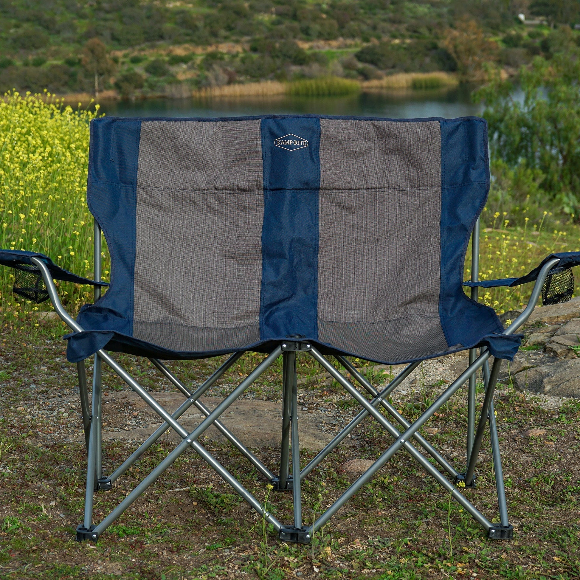 Kamp - Rite Portable Folding Outdoor Double Camping Lawn Beach Chair, Navy/Tan - Angler's Pro Tackle & Outdoors