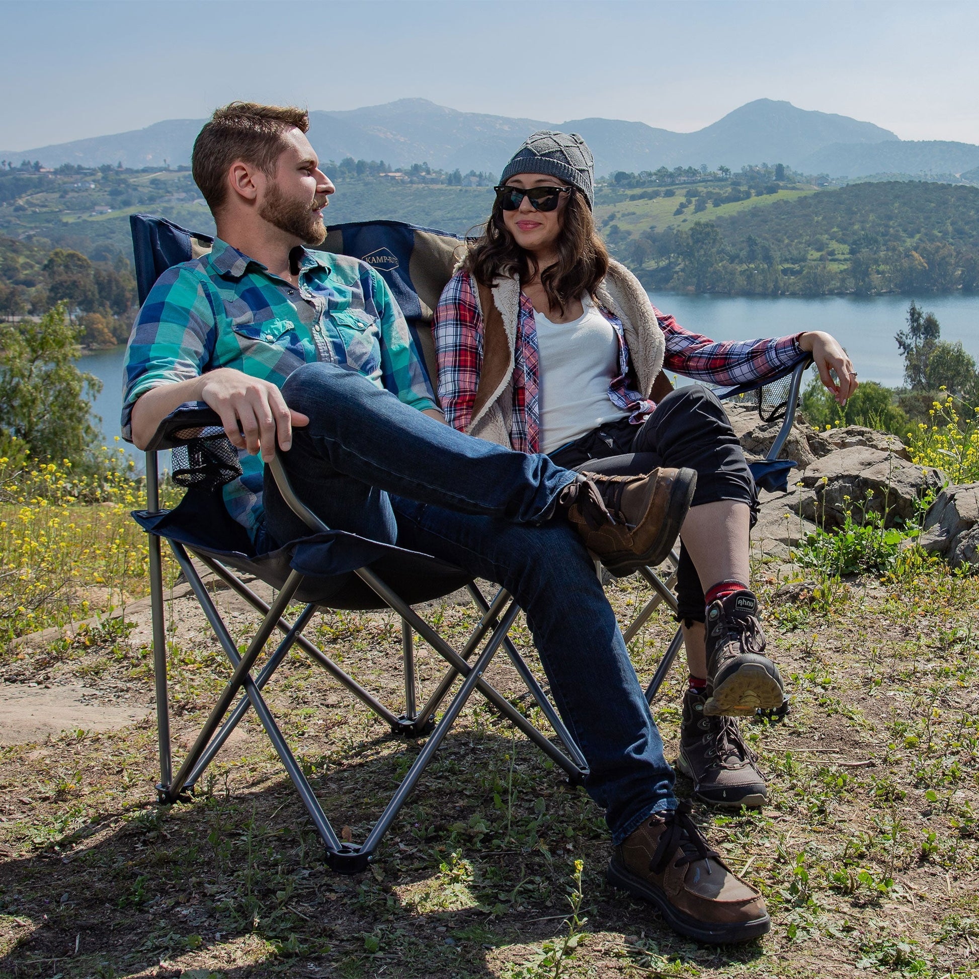 Kamp - Rite Portable Folding Outdoor Double Camping Lawn Beach Chair, Navy/Tan - Angler's Pro Tackle & Outdoors